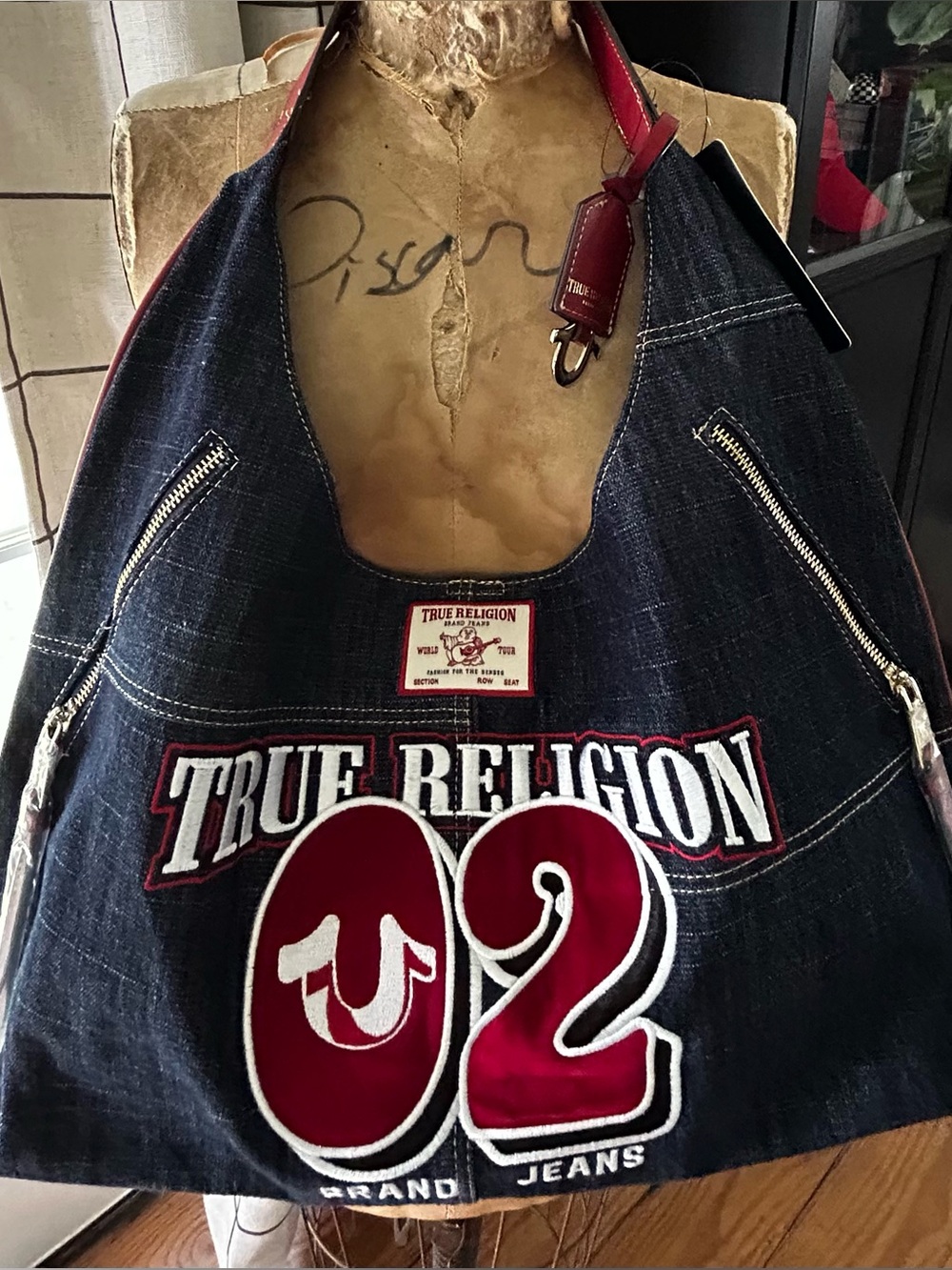 True Religion Dark Blue Denim Shoulder Bag with Red Accents